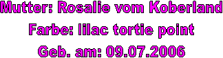 Mutter: Rosalie vom Koberland
Farbe: lilac tortie point
Geb. am: 09.07.2006